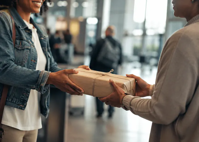Deux femmes se passent un colis emballé de papier kraft dans un hall d'aéroport.